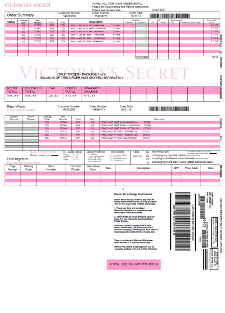 USA Victoria Secret invoice PSD template